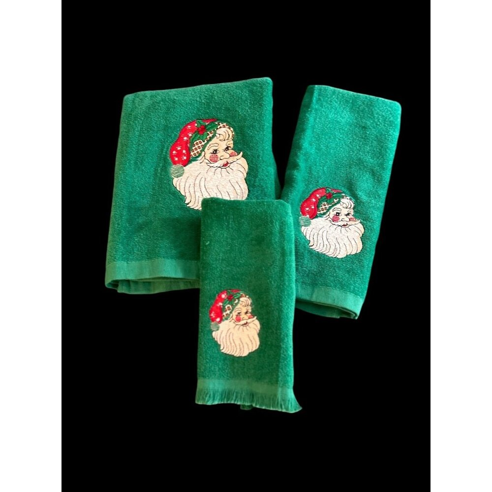 Vintage Revere Mills Santa Christmas 3 Towel Set Bath Hand Tea Towel Appliquéd
